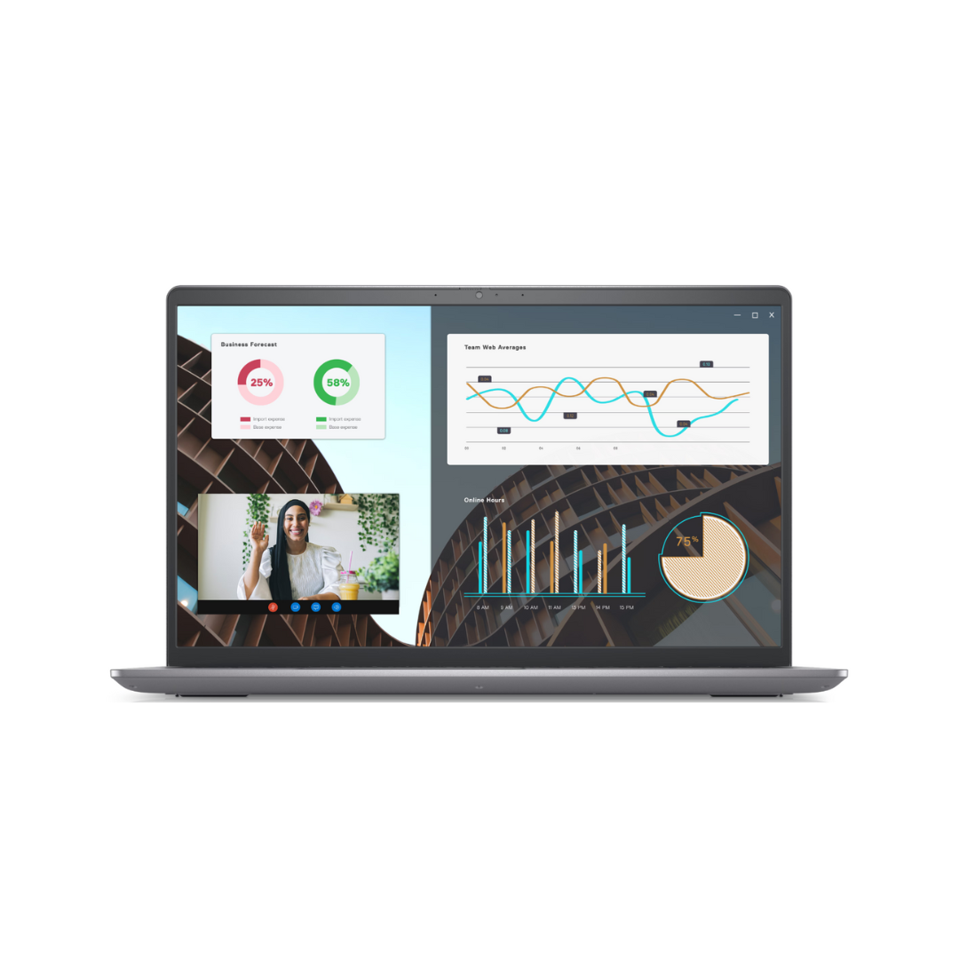 Laptop displaying a video call and multiple graphs on a white background